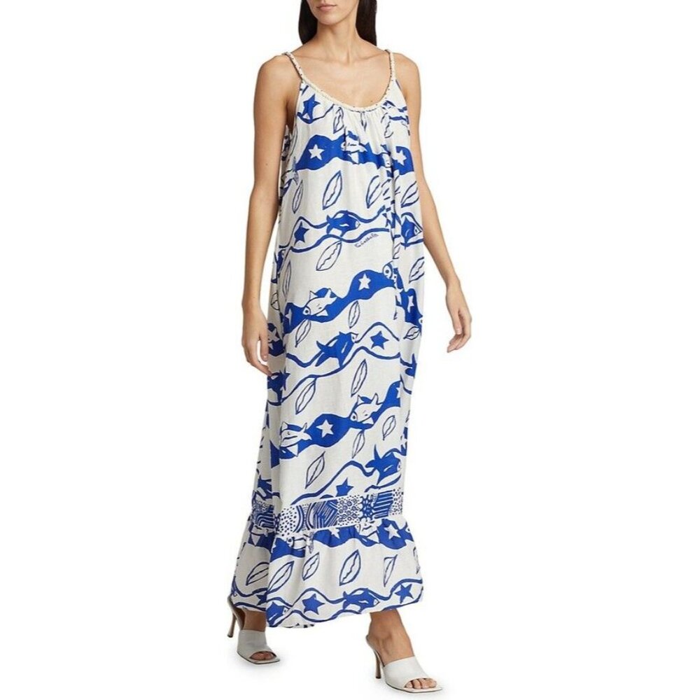Farm Rio X Alberto Pitta Waves Sleeveless Dress Rope Scoopneck Size M Blue White - Picture 3 of 8